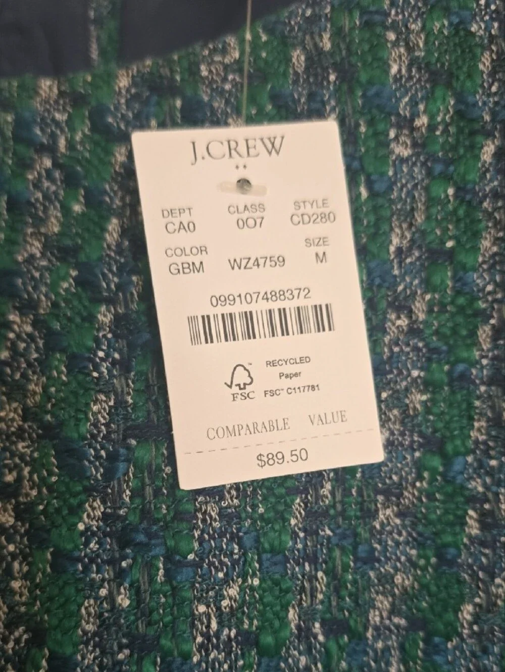 J. Crew Blue and Green Tweed Sleeveless Shell Sz M